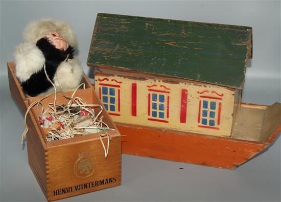 Celluloid Christmas decorations, metal animal figures and a Noahs ark